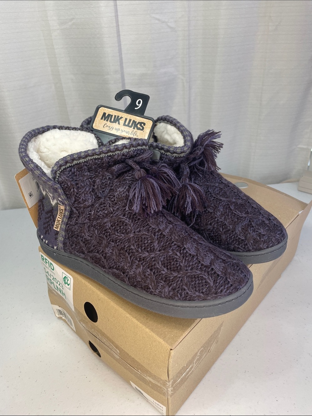 Muk Luks Purple Cable-Knit Tassel Mule Slippers